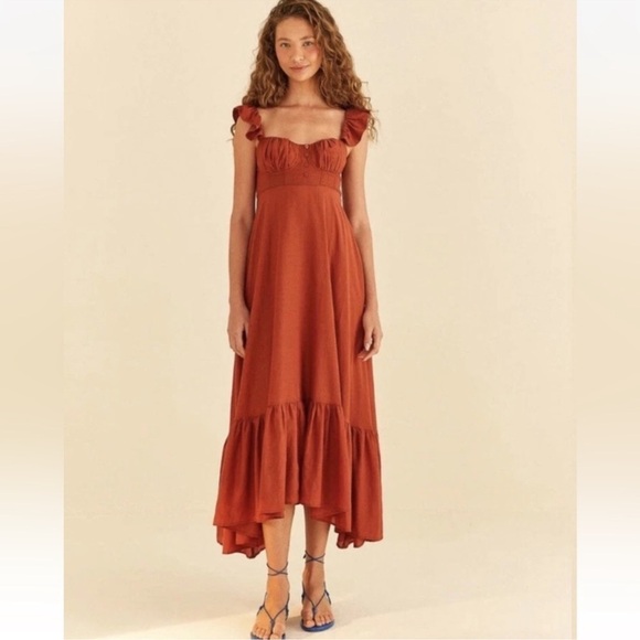 Farm Rio Ruffle Strap Rust Maxi Dress - Picture 2 of 16
